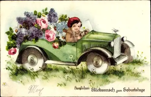Ak Glückwunsch Geburtstag, Mädchen in einem Automobil, Flieder, Rosen