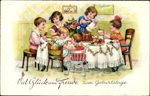 Ak Glückwunsch Geburtstag, Kinder an der Kaffeetafel