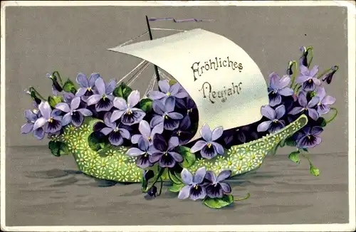 Ak Glückwunsch Neujahr, Segelboot mit Veilchen