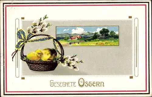 Ak Glückwunsch Ostern, Küken in einem Korb, Weidenkätzchen, Landschaft