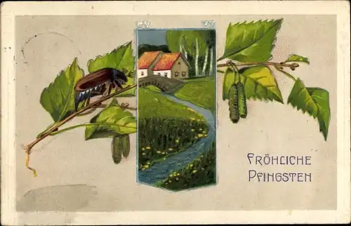 Präge Ak Glückwunsch Pfingsten, Landschaft, Maikäfer auf einem Zweig