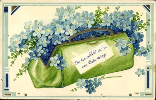 Präge Litho Glückwunsch Geburtstag, Vergissmeinnichtblüten in einer grünen Tasche