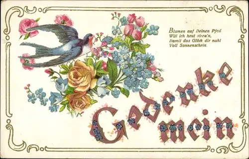 Präge Litho Gedenke Mein, Blumenstrauß, Schwalbe, Rosen