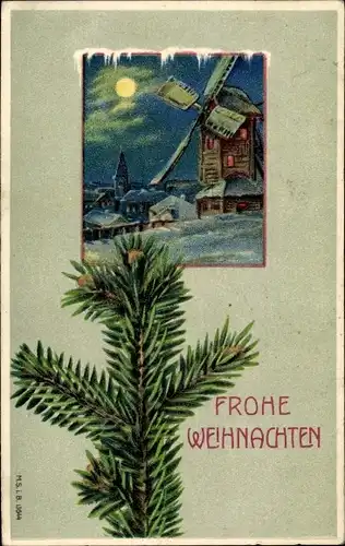 Präge Litho Glückwunsch Weihnachten, Windmühle bei Nacht