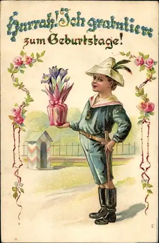 Präge Ak Glückwunsch Geburtstag, Junge in Uniform, Blumenvase