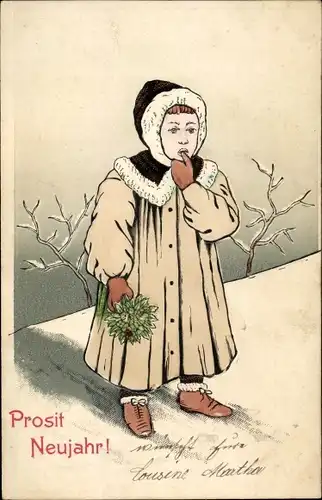Präge Ak Glückwunsch Neujahr, Kind im Mantel im Schnee