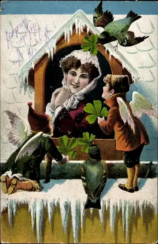 Ak Frauenportrait, Engel und Vögel mit Kleeblättern