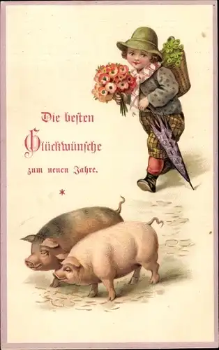 Ak Glückwunsch Neujahr, Junge mit Blumenstrauß und Kleeblättern, Schweine