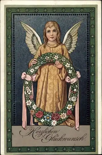 Ak Glückwunsch, Engel mit Blumenkranz