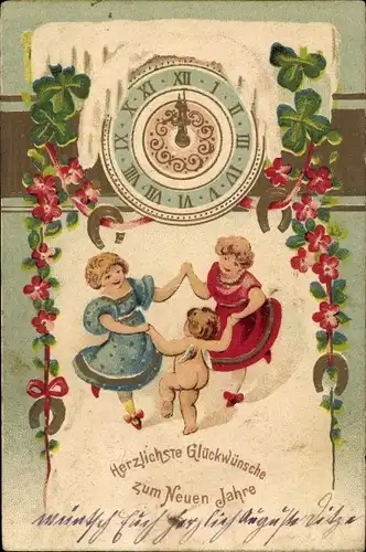 Präge Litho Glückwunsch Neujahr, Uhr, Kleeblätter, Hufeisen, tanzende Mädchen und Engel