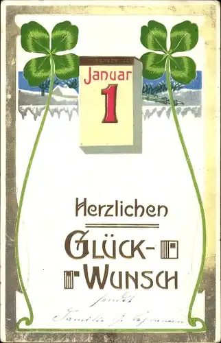 Präge Ak Glückwunsch Neujahr, Kalender Januar 1, Kleeblätter