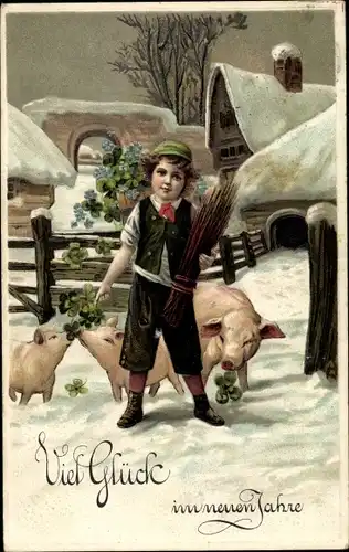 Präge Ak Glückwunsch Neujahr, Junge und Schweine, Kleeblätter
