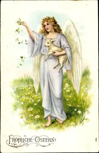 Präge Ak Glückwunsch Ostern, Engel, Lamm, Wiese