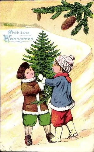 Ak Glückwunsch Weihnachten, Zwei Kinder mit einem Tannenbaum