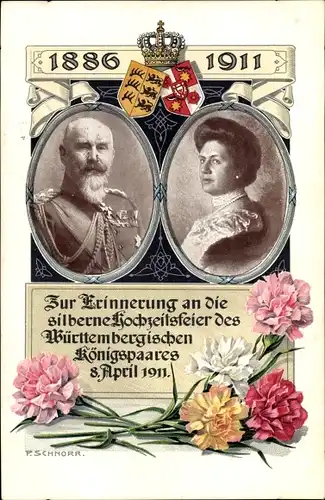 Ak König Wilhelm II. von Württemberg, Marie zu Waldeck und Pyrmont, Silberhochzeit 1911, Wappen