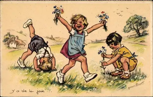 Künstler Ak Bouret, Germaine, Y a de la joie, Kinder spielen auf einer Wiese