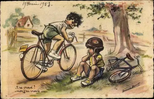 Künstler Ak Bouret, Germaine, Jungen mit Fahrrädern