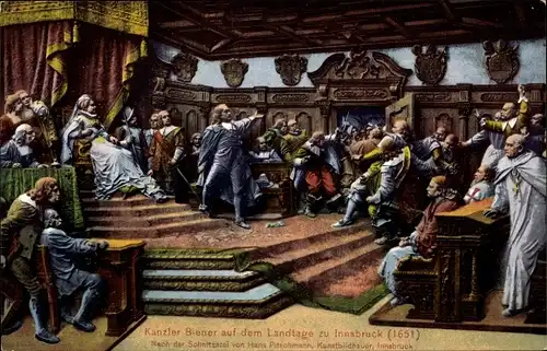 Künstler Ak Pitschmann, Hans, Kanzler Biener auf dem Landtag zu Innsbruck 1651, nach Schnitzerei