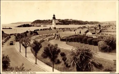 Ak Plymouth Devon England, Hoe and Drake's Island, Leuchtturm