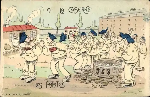 Künstler Ak A la Caserne, les Patates, französische Soldaten schälen Kartoffeln