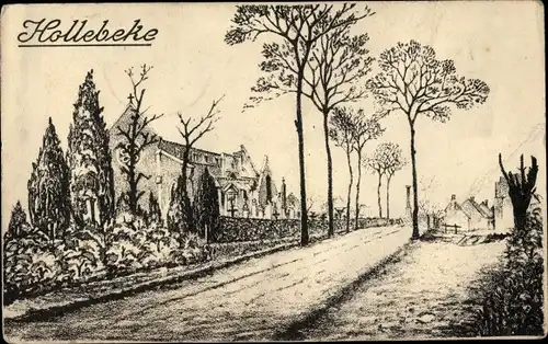 Künstler Ak Hollebeke Westflandern, Dorfpartie mit Kirche