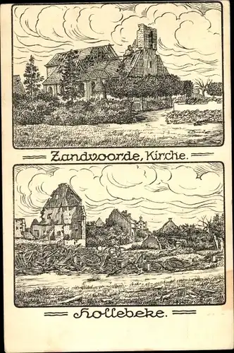 Ak Hollebeke Westflandern, Zandvoorde Kirche, Ruinen