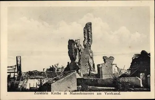 Ak Mannekensvere Middelkerke Westflandern, zerstörte Kirche, Kriegsschäden