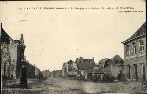 Ak Woesten Vleteren Westflandern Belgien, Entree du village, Kriegszerstörung