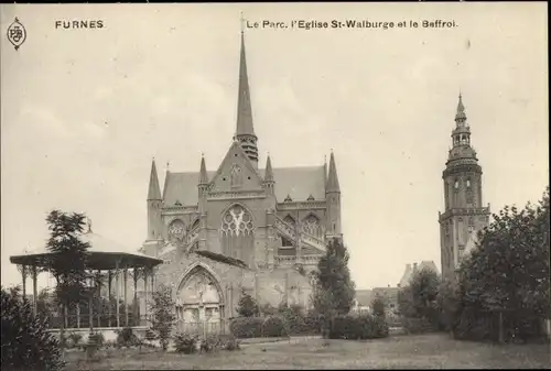 Ak Furnes Veurne Westflandern, Le Parc, l'Eglise St-Walburge et le Beffroi