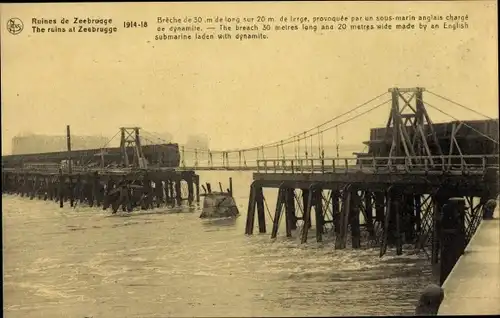 Ak Zeebrugge Westflandern, Kriegszerstörung, Provisorische Brücke
