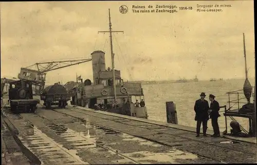 Ak Zeebrugge Westflandern, drageur de mines, Kran, Schiff