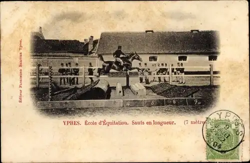 Ak Ypres Westflandern, Ecole d'Equitation, Sauts en longueur, Reiter, Hürdensprung