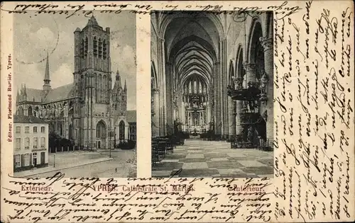 Ak Ypres Ypern Flandern, Cathedrale St. Martin, Interieur, Exterieur