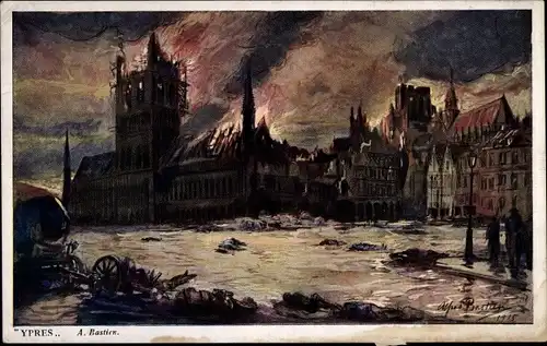 Künstler Ak Ypres Ypern Flandern, brennende Stadt, Kriegszerstörungen