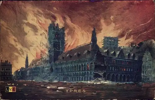 Künstler Ak Ypres Ypern Flandern, Brennende Häuser