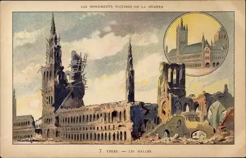 Litho Ypres Westflandern, Les Halles détruites, Kriegszerstörungen, Rathaus, I. WK