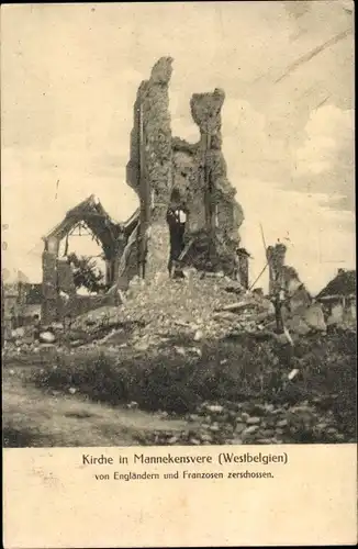 Ak Mannekensvere Middelkerke Westflandern, Kirche, Kriegszerstörungen, I. WK