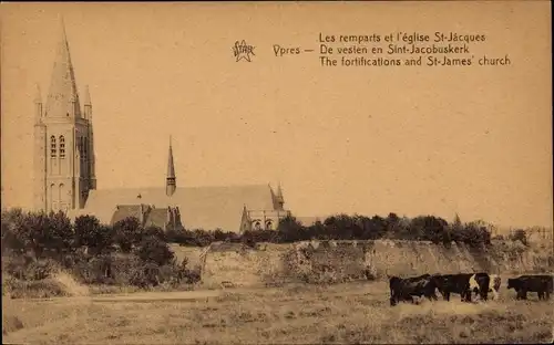 Ak Ypres Westflandern Belgien, Les remparts et l'eglise St-Jacques