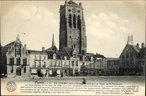 Ak Furnes Veurne Westflandern, Le cote est de la Grand'Place et la Tour de St-Nicolae