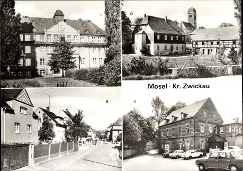 Ak Mosel Zwickau in Sachsen, Oberschule Makarenko, Pfarramt mit Kirche, Schulstraße, Forellenmühle