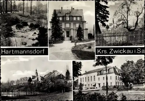 Ak Hartmannsdorf Zwickau in Sachsen, Teilansichten, Bachpartie, Kirche