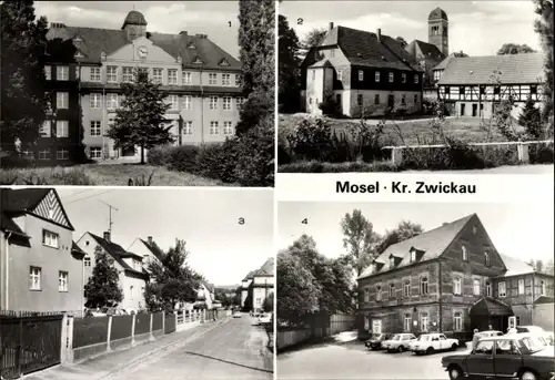 Ak Mosel Zwickau in Sachsen, Oberschule Makarenko, Pfarramt mit Kirche, Schulstraße, Forellenmühle