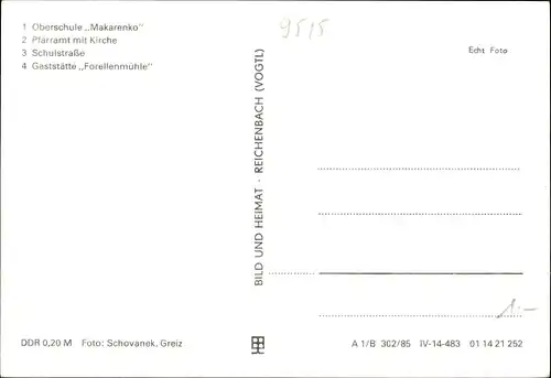 Ak Mosel Zwickau in Sachsen, Oberschule Makarenko, Pfarramt mit Kirche, Schulstraße, Forellenmühle