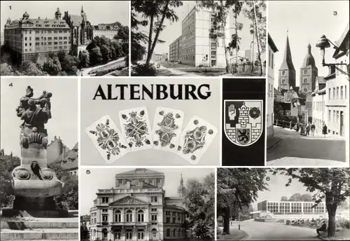 Ak Altenburg in Thüringen, Schloss, Neubaugebiet SO, Rote Spitzen, Skatbrunnen, Landestheater
