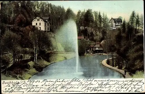 Ak Annaberg Buchholz Erzgebirge, Waldschlösschen, See, Fontäne