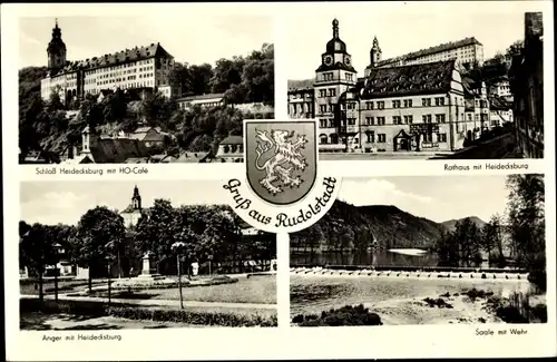 Ak Rudolstadt in Thüringen, Wappen, Schloss Heidecksburg, Rathaus, Saale mit Wehr, Anger