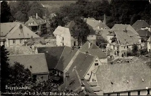 Foto Ak Berggießhübel in Sachsen, Unwetterkatastrophe 8.-9. Juli 1927, Bahnhofstraße