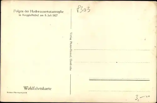 Ak Berggießhübel in Sachsen, Hochwasser am 08 Juli 1927, zerstörtes Haus, Ruine