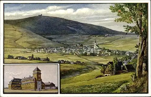 Künstler Ak Oberwiesenthal im Erzgebirge Sachsen, Fichtelberg, Tal, Panorama, Kirche