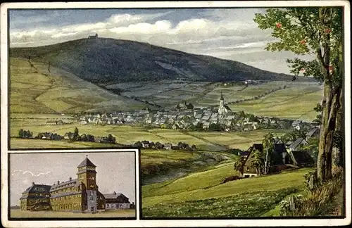 Künstler Ak Oberwiesenthal im Erzgebirge Sachsen, Fichtelberg, Tal, Panorama, Kirche